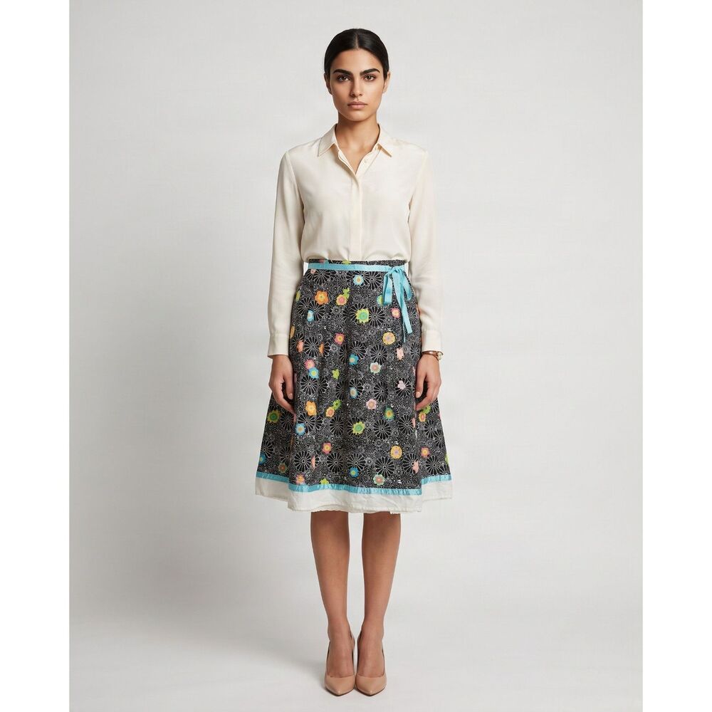Willi Smith Vintage Y2K Black Floral A-Line Skirt with Turquoise Trim